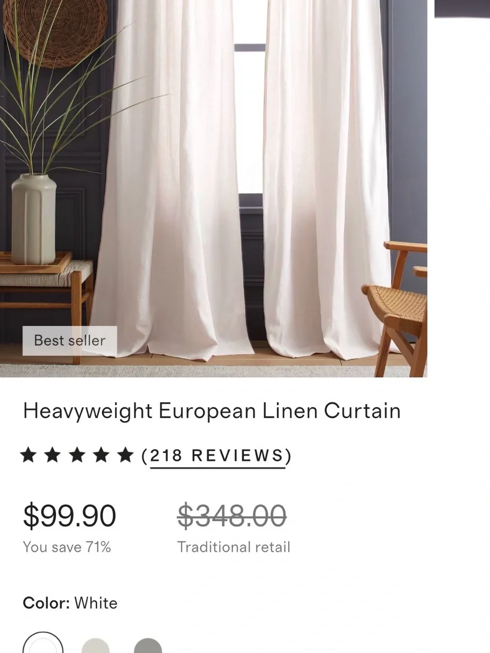 Quince European Luxe Heavyweight Linen Curtain in White (set of 2 panels) 48x96